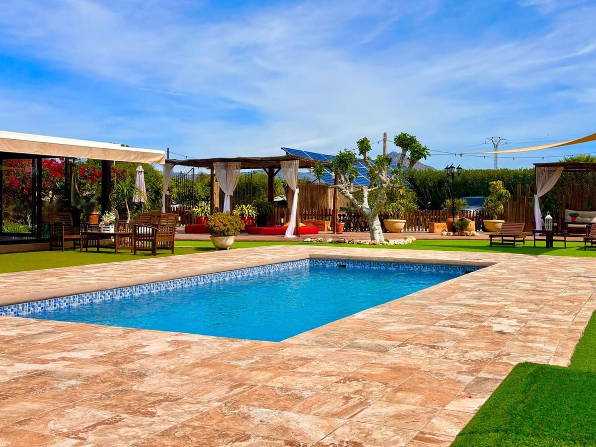 La piscina de Villa Loja a pleno sol, con las pérgolas de cañizo y una higuera al fondo, sillones de madera y cortinas blancas